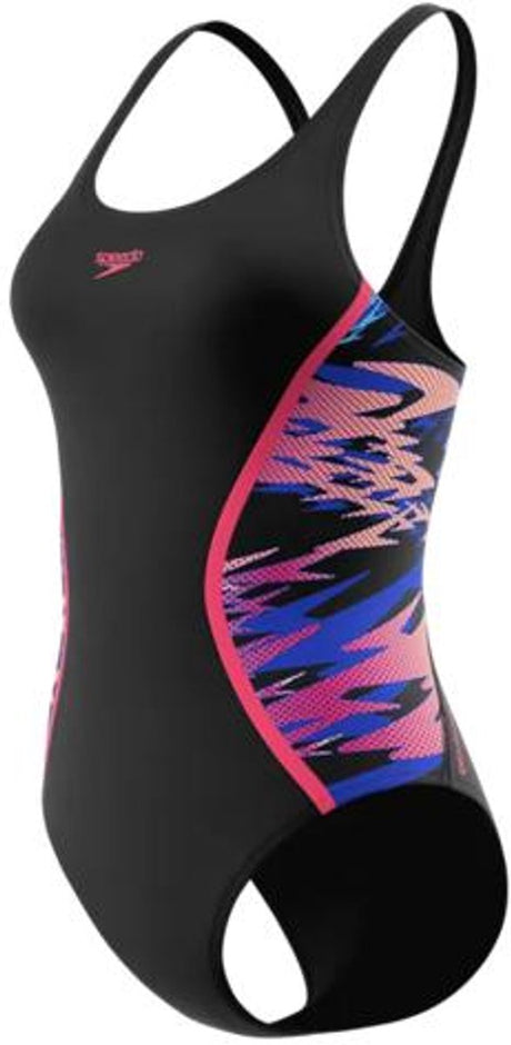 Speedo hyperboom muscleback dames sportbadpak - kleurvast badpak dames - chloorbestendig zwempak dames - sportbadpak dames met muscleback-rug - zwart roze - 38