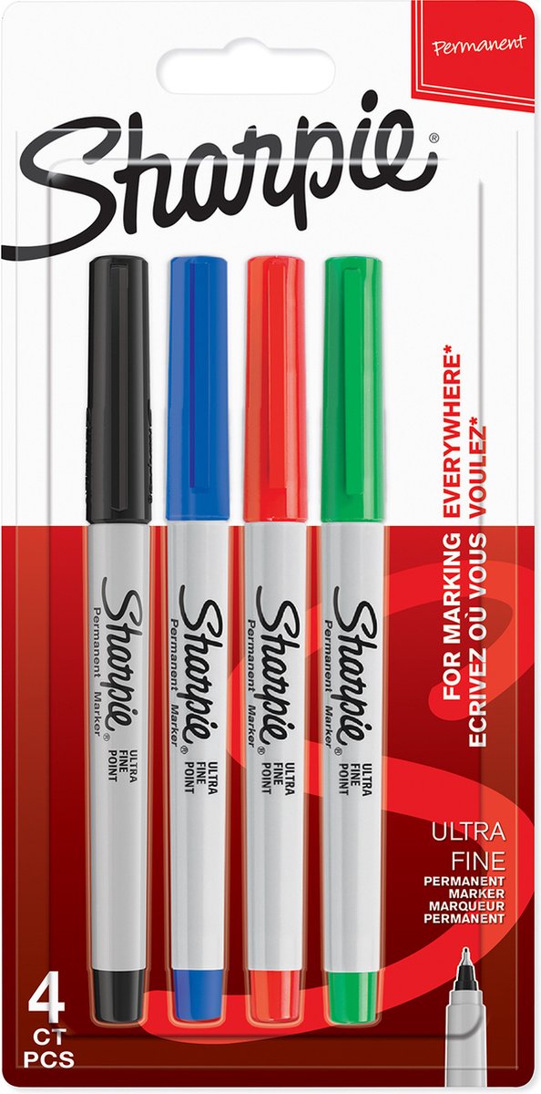 Sharpie permanente markers | ultrafijne punt | zwarte, blauwe, rode en groene inkt | 4 stuks