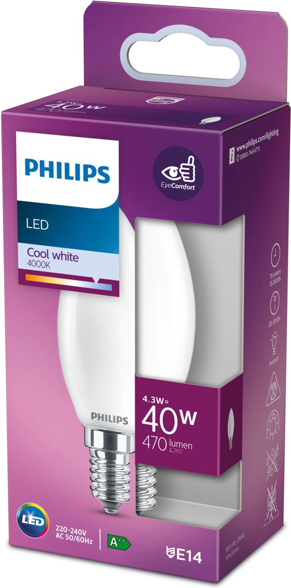 Philips led lamp - kaarslamp met e14 fitting - koelwit licht: 4000k - 40w - mat glas