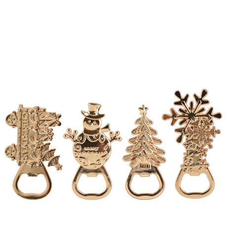 Decoris flesopener in cadeauverpakking 4.3x7.7x0.3cm trein sneeuwpop kerstboom sneeuvlok 4 assorti