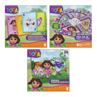 Spin master games spin master dora spellen en puzzel pakket met kaartspel en pop-up spel.