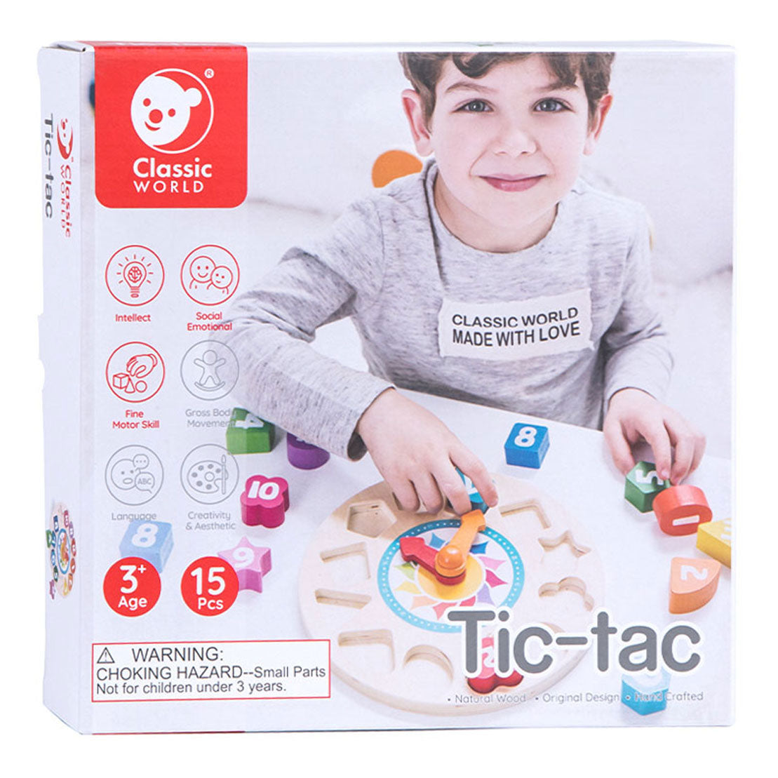 Classic World World World Houten Leerklok met Vormen Tic-Tac, 15dlg.