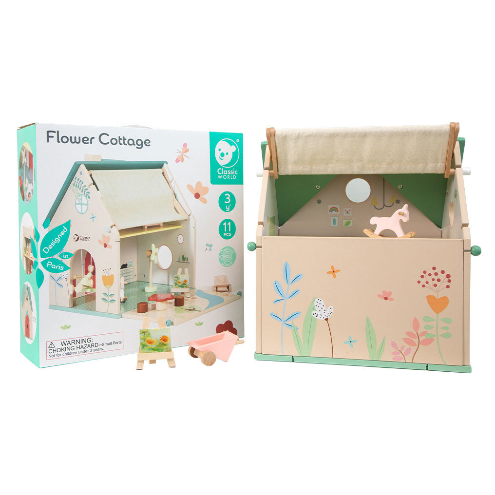 Classic world houten poppenhuisje - poppenhuis met tuintje en accessoires.
