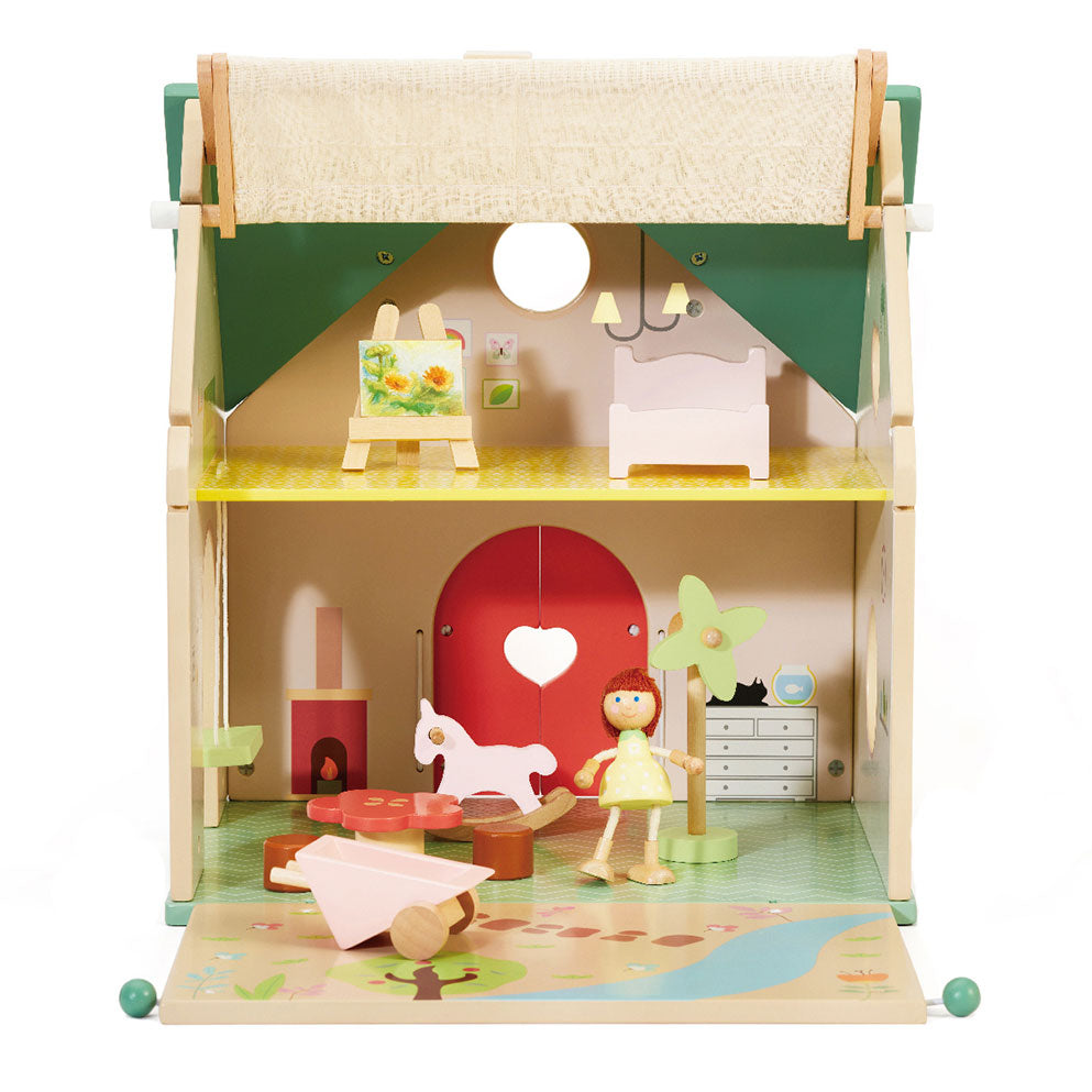 Classic world houten poppenhuisje - poppenhuis met tuintje en accessoires.