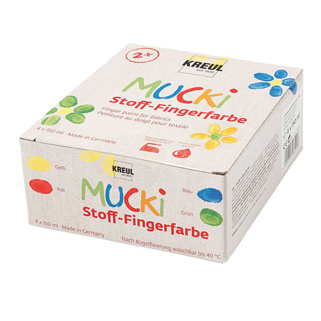 Mucki textiel vingerverf - 4 x 150 ml vingerverf voor textiel - kleuren geel, rood, blauw groen