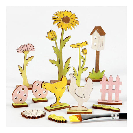 Creativ company diy houten figuren kippen, eieren en bloemen