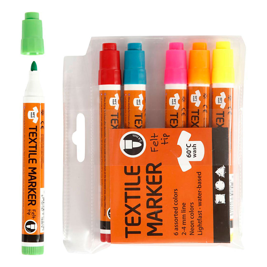 Creativ company textielstiften neon kleuren - lijndikte 2-4mm - 6st.