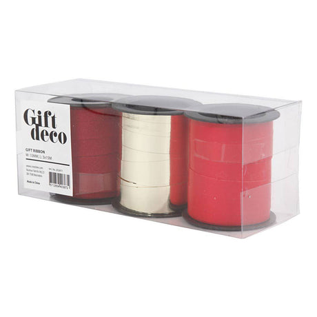 Creativ company cadeaulint 10mm goud, rood, rood glitter - 3x15m