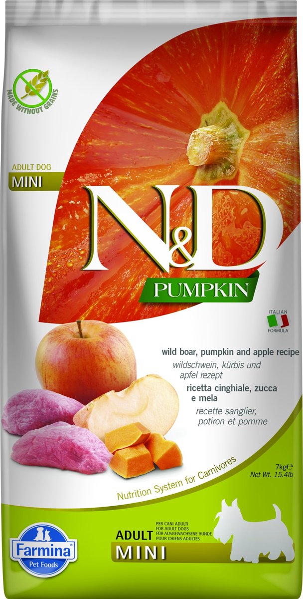 N d voer farmina adult mini volwassen appel pompoen wild zwijn 7 kg
