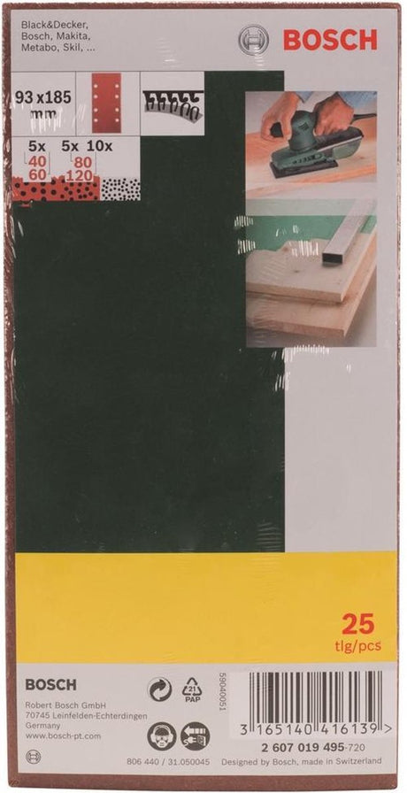 Bosch 25-delige schuurbladenset voor vlakschuurmachines geperforeerd 93 x 185 mm - korrel 40; 60; 80; 120