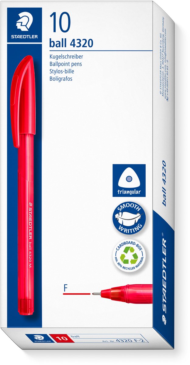 Staedtler ball 4320 - driekantige balpen - rood - fijn - doos met 10 stuks
