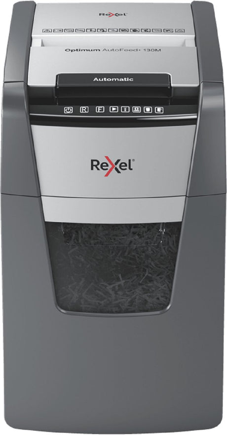 Rexel optimum auto+130m fluisterstille papierversnipperaar - p5 microsnippers - automatische invoer tot 130 vel - 44l - zwart