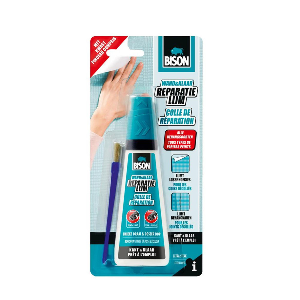 Bison wand klaar® behangreparatielijm 90 ml incl. lijmkwast, kant en klaar, extra sterk, losse hoeken en naden, geschikt voor alllerlei verschillende soorten behang
