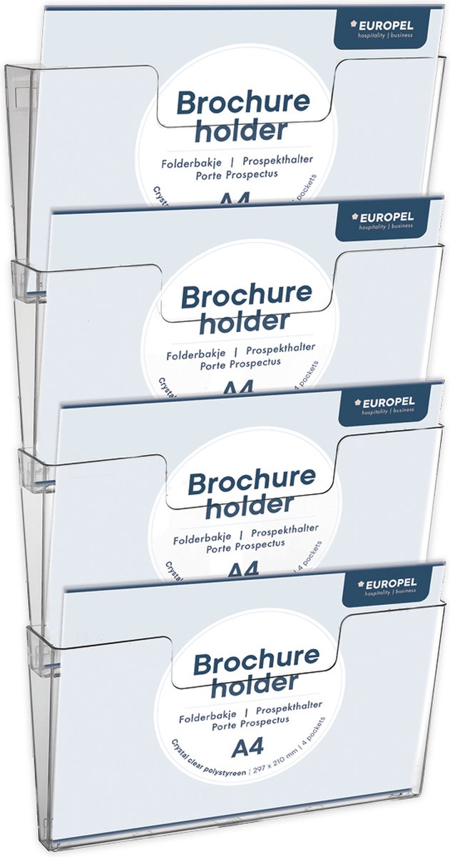 Europel folderbakjes meervoudig – flyers, folders visitekaartjes – 4x a4 liggend – 29,7 x 21 cm – glasheldere presentatie – beurzen en kantoren – 4 losse delen wandmontage en zelf in te delen