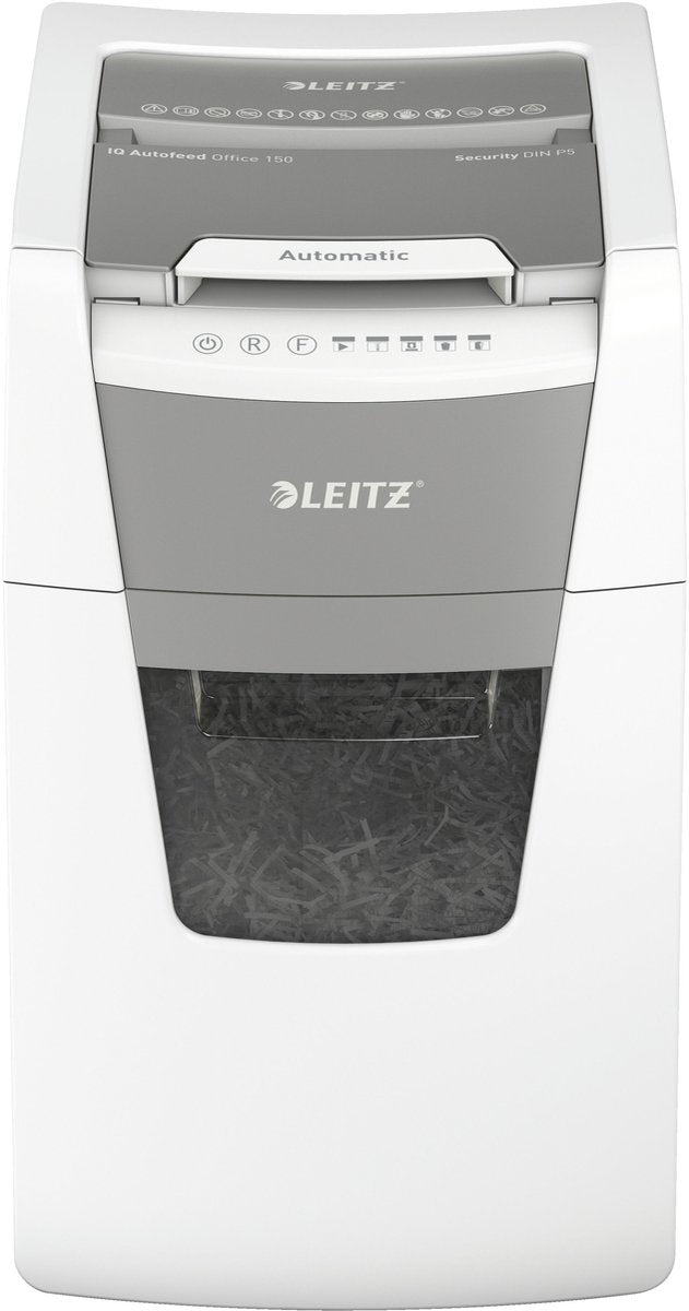 Leitz iq autofeed+ office 150 stille papierversnipperaar p5 - micro snippers - tot 150 vel - 44l - wit