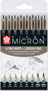 Sakura pigma micron fineliner set | 8 pennen, licht koelgrijs koelgrijs