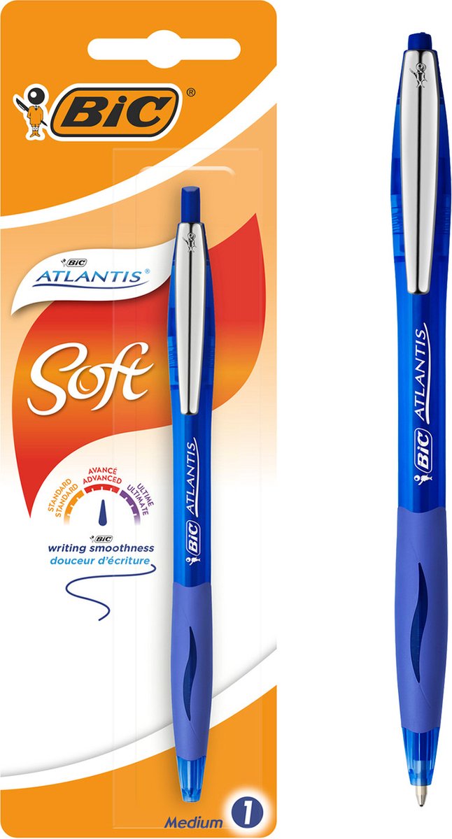 Bic atlantis soft balpen met kliksysteem - blauw - pak van 1 stuk - medium punt 1 mm