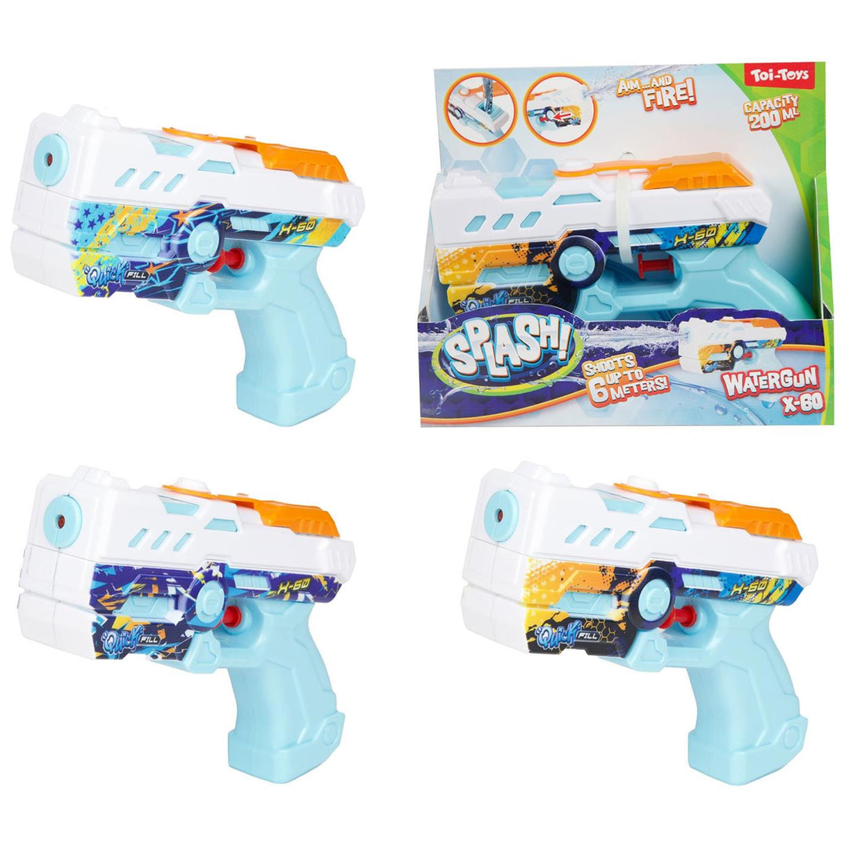 Toi-toys toi toys splash waterpistool quick fill x60 3 assorti