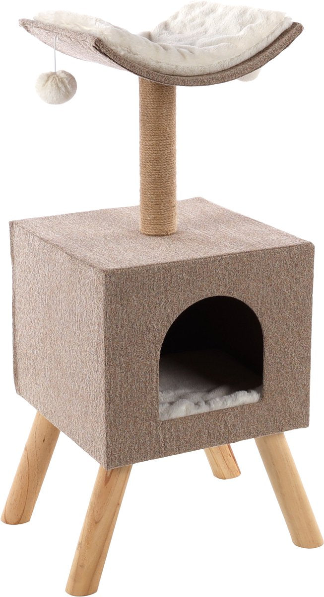 Flamingo krabpaal – scandi beige naturel wit – 36 × 43 × 82 cm – jute krabpaal – met ligplateau schuilplaats – scandinavisch design – voor katten