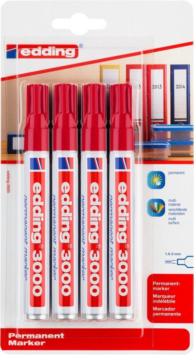 Edding 3000 permanent marker - rood - 4 stiften - ronde punt 1,5-3 mm - water en wrijfvast - voor karton, kunststof, hout, metaal, etc. - alcohol markers voor volwassenen