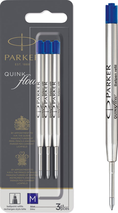 Parker balpenvulling - medium punt - blauwe quinkflow-inkt - 3 stuks