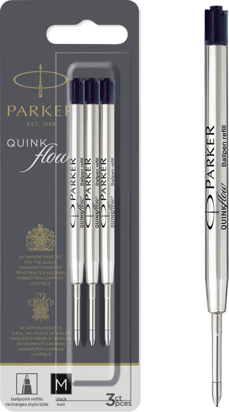Parker balpenvulling - medium punt (1.0mm) - zwarte quink-inkt - 3 stuks