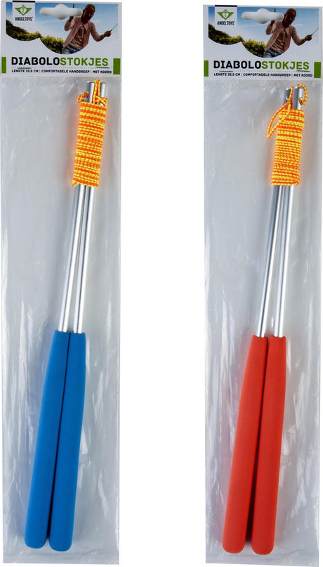 Longfield metalen stokjes diabolo – set van 2 – diabolo sticks met eva handvat – assorti blauw fluor rood – jongleer accessoires – engelhart