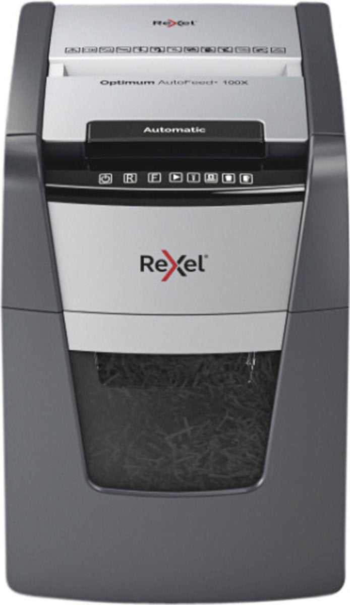 Rexel optimum autofeed+ 100x fluisterstille papierversnipperaar - p4 snippers - automatische invoer tot 100 vel - 34l - zwart