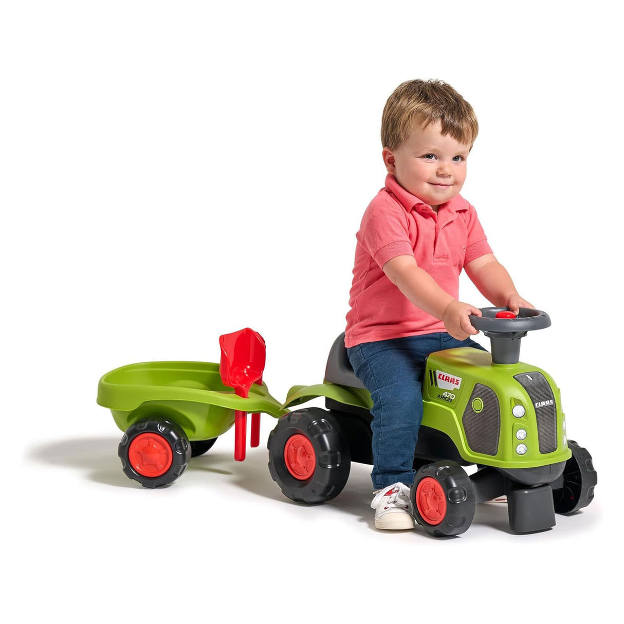 Falk claas 470 arion ride-on groen met aanhanger + zandset