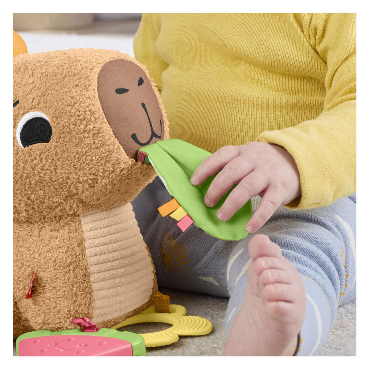Fisher-price snackende capibara knuffel - zintuiglijk speelgoed met bijtring en rammelaar