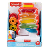 Fisher-price rollende ringen in wiebelende stapeltoren