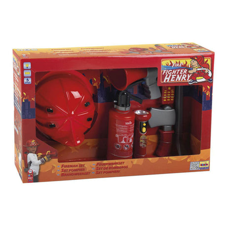 Klein toys 7-delige brandweerset - brandblusser, zaklamp, koevoet, bijl, helm, mobiele telefoon, megafoon - incl. 0,5 l watertank - rood grijs