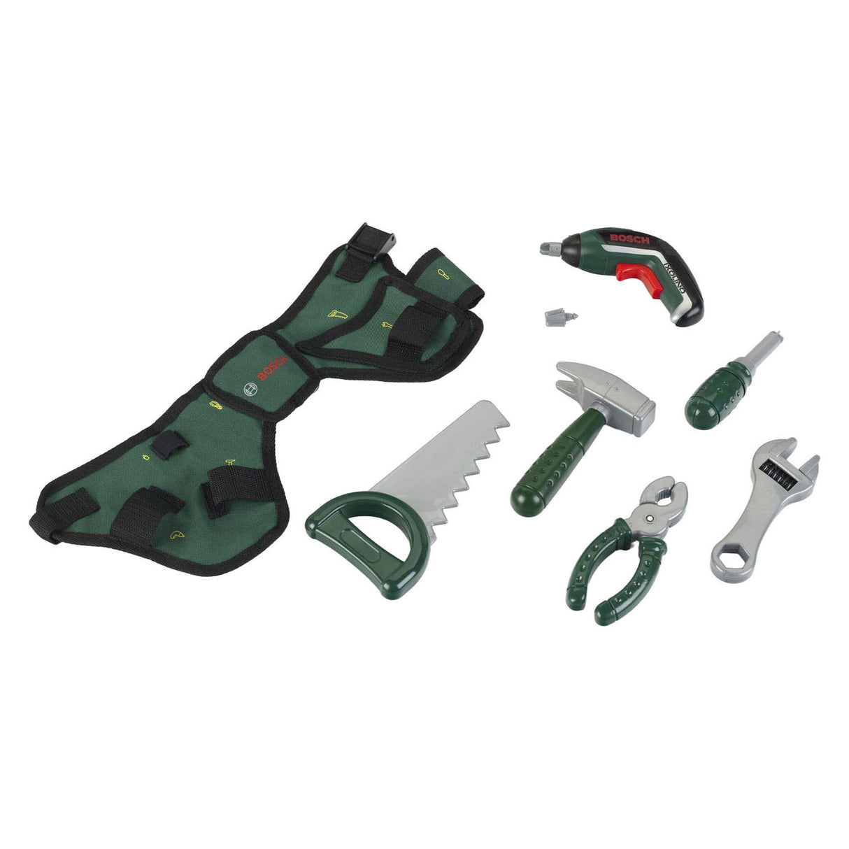 Klein toys bosch mini gereedschapsgordel-set - accuschroevendraaier, hamer, tang, zaag, moersleutel, schroevendraaier - incl. licht- en geluidseffecten - groen rood