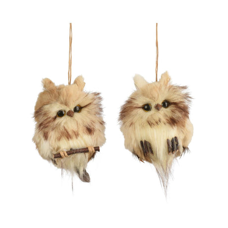 Decoris kersthanger uil imitatie bont 6x6x8cm 2 assorti