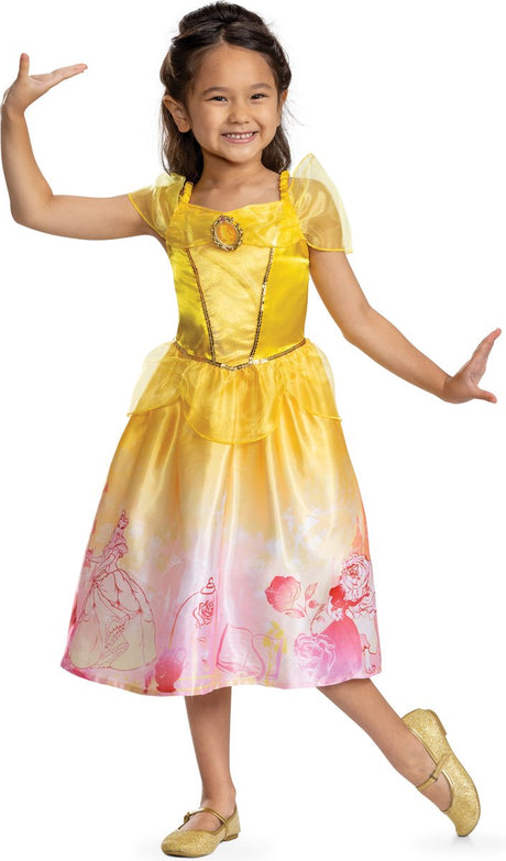 Disguise disney prinses - beauty the beast, belle verhalenboek jurk classic, maat m (7-8 jaar), meisjes