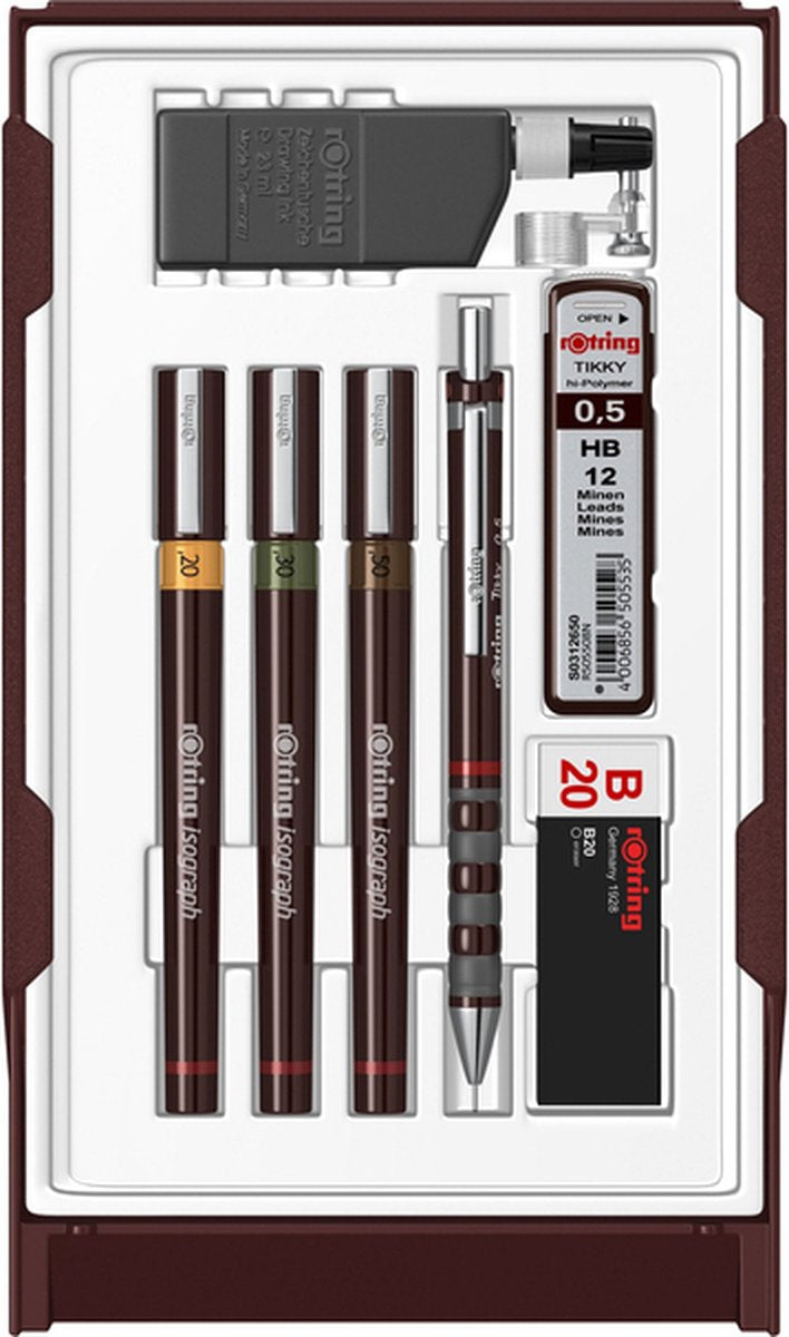 Rotring isograph-pennenset technische pen en vulpotlood collegeset | 3 pennen (0,2 mm, 0,3 mm, 0,5 mm) en mechanisch vulpotlood (0,5 mm) plus accessoires | 9 stuks