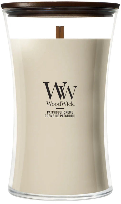Woodwick hourglass large geurkaars - patchouli créme - 130 branduren