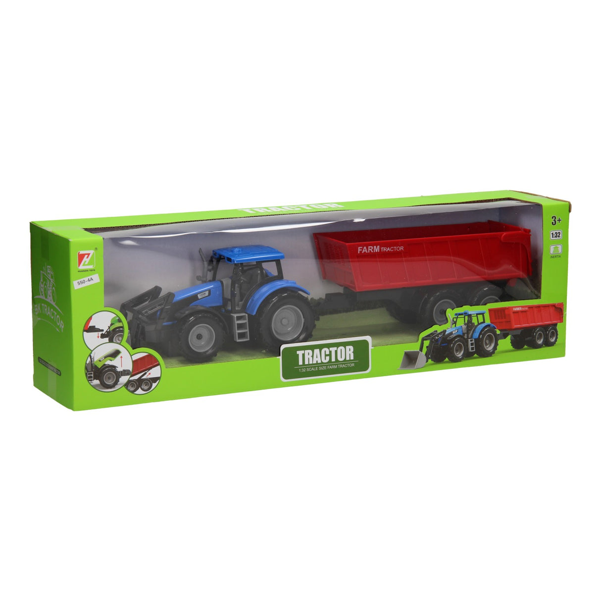 tractor met voorlader en aanhanger 1:32