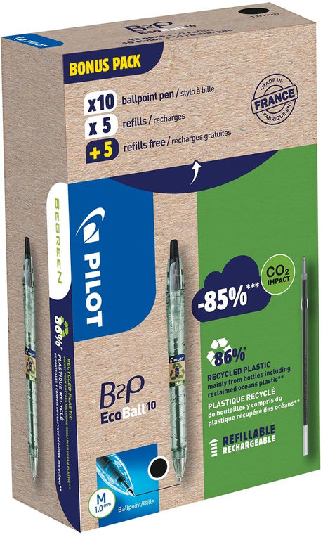 Pilot ecoball b2p begreen balpen | medium punt | 0 | 3 mm 10 stuks + 10 vullingen | zwart