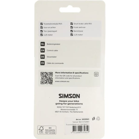 Simson trommelrem binnenkabel universeel rvs - zilver