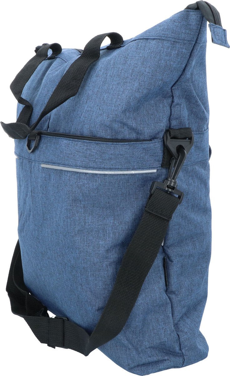 Dresco enkele fietstas blauw – 18 liter – ook als shopper of schoudertas te gebruiken - extra voorvak - spatwaterdicht polyester – 2 bevestigingshaken - verstelbare schouderriem - verstevigde bodem - reflecterende accenten - afmeting 49x45x18cm