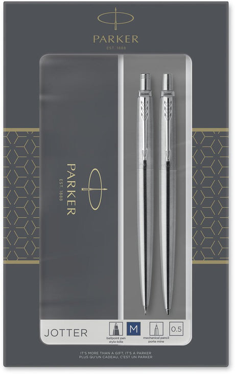 Parker jotter duo geschenkset balpen en vulpotlood (0.5mm) - blauwe inkt - roestvrij staal met chromen afwerking