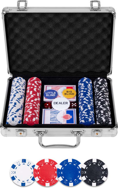 Longfield pokerset in zilveren koffer met 200 chips – compleet met kaarten, dealer buttons dobbelstenen – engelhart