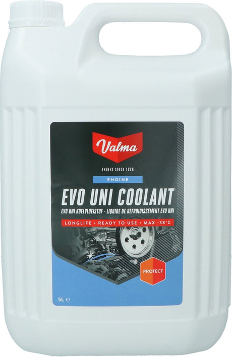 Valma evo uni koelvloeistof - tot -38°c - 5 liter – kant klaar – beschermt tegen vorst en corrosie – mengbaar met alle koelvloeistoffen – veilig voor lak en rubber