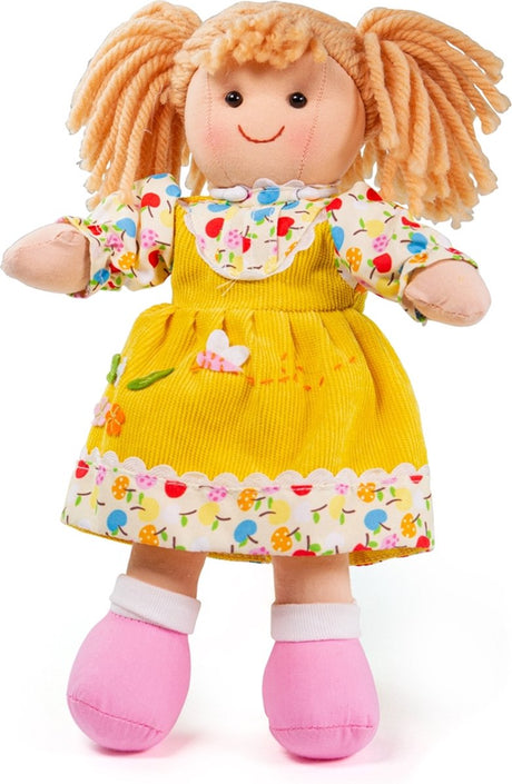 Bigjigs toys stoffen pop daisy - bigjigs - meisjespop met gele jurk - 28 cm