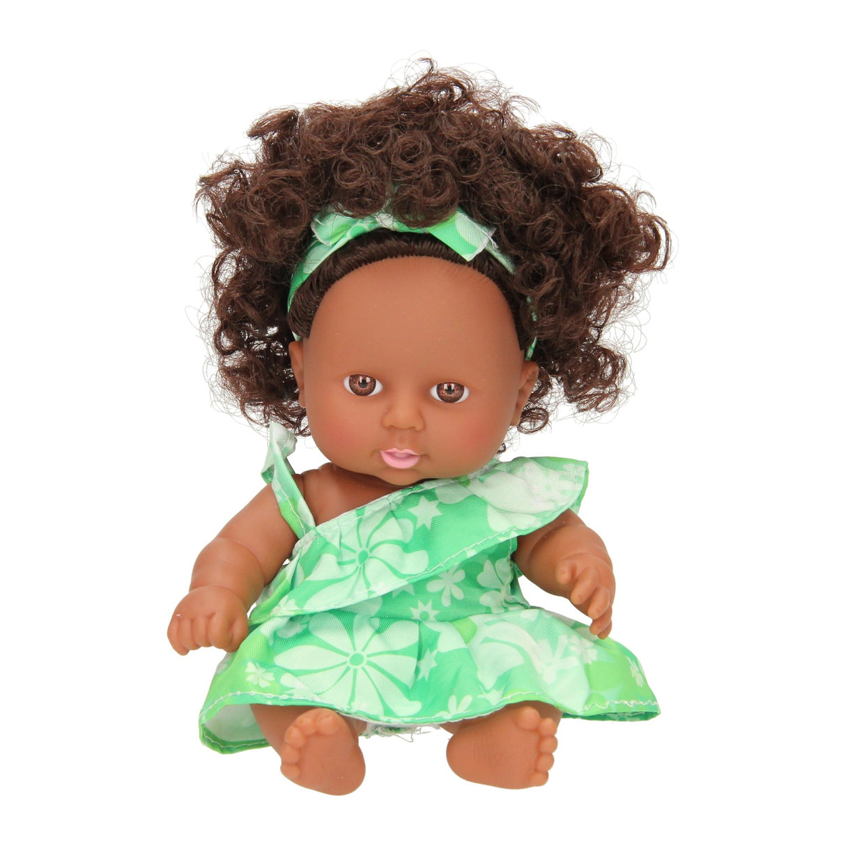 Babypop krullen met jurk, 22cm