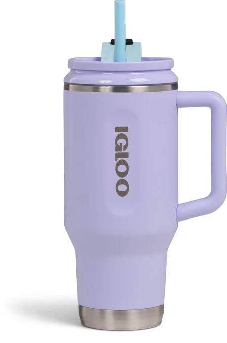 Igloo - flip ‘n’ sip - drinkbeker met rietje - lila - 0,946l - thermosfles - rvs - drinkbeker voor school