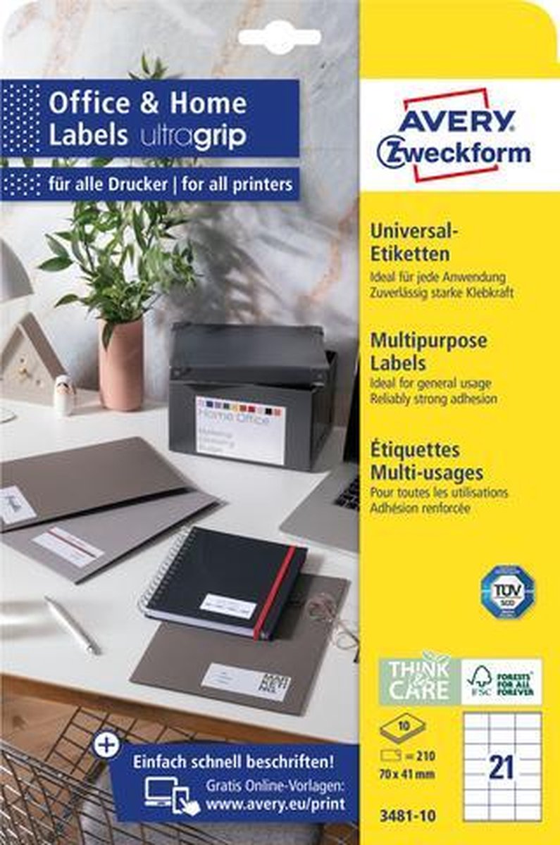 Avery etiketten zweckform 70 x 41 mm papier wit 210 stuks