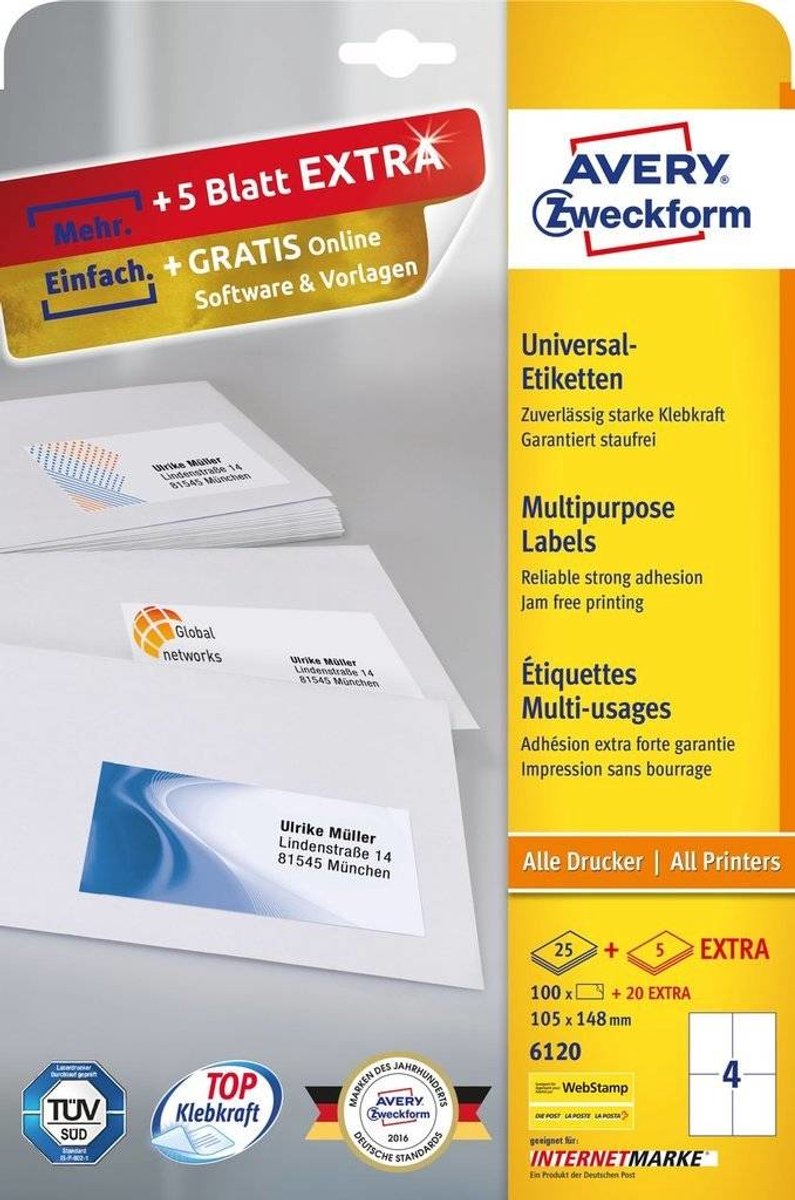 Avery zweckform 6120 - etiketten - weiß - a6 (105 x 148 mm) - 100 etikett(en) (6120)