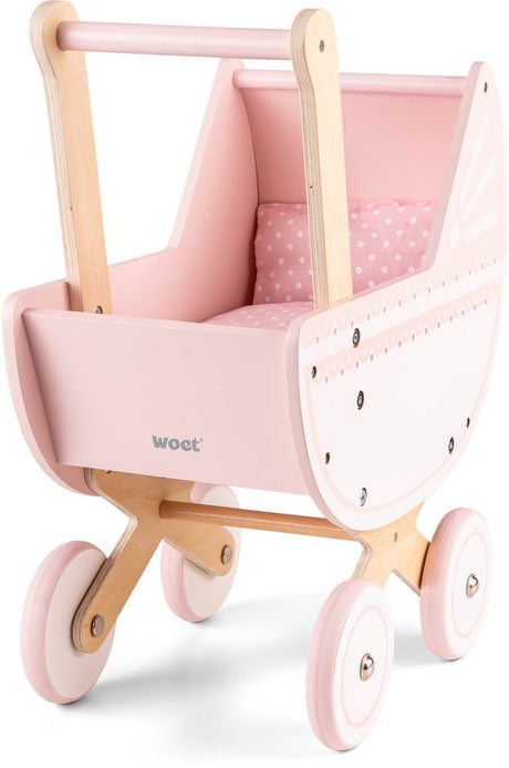 Woet ® houten poppenwagen - inclusief dekbedje - roze speelgoed kinderwagen - duwhoogte 50cm - rollenspel poppenaccessoire - vanaf 3 jaar